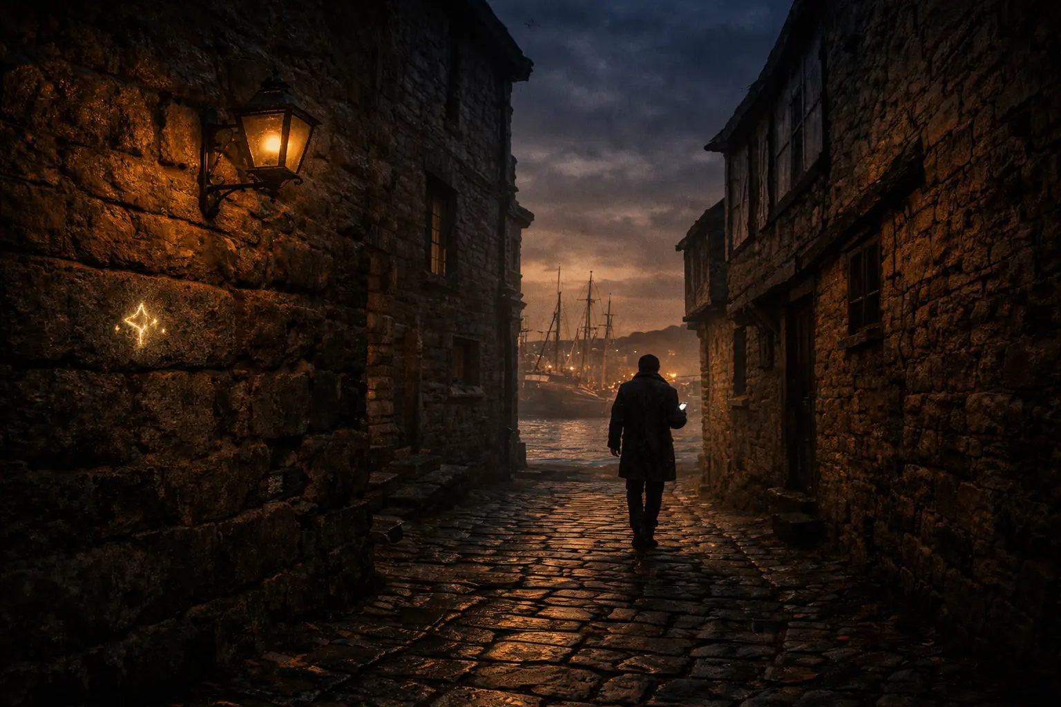 Explorer walking through historic cobbled streets of Dartmouth at dusk with a phone, tall ships visible in the harbour