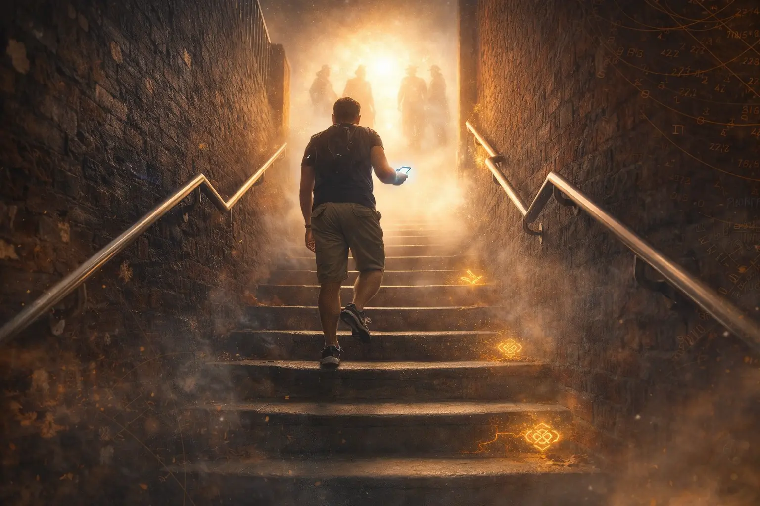 Adventurer climbing ancient stone steps in Dartmouth with a glowing phone, discovering hidden historical clues