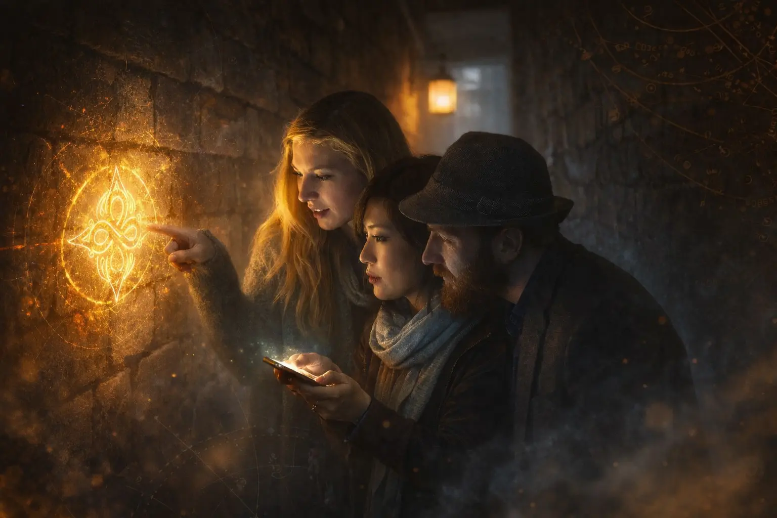 Group of friends solving a glowing clue on a stone wall during the Dartmouth treasure hunt
